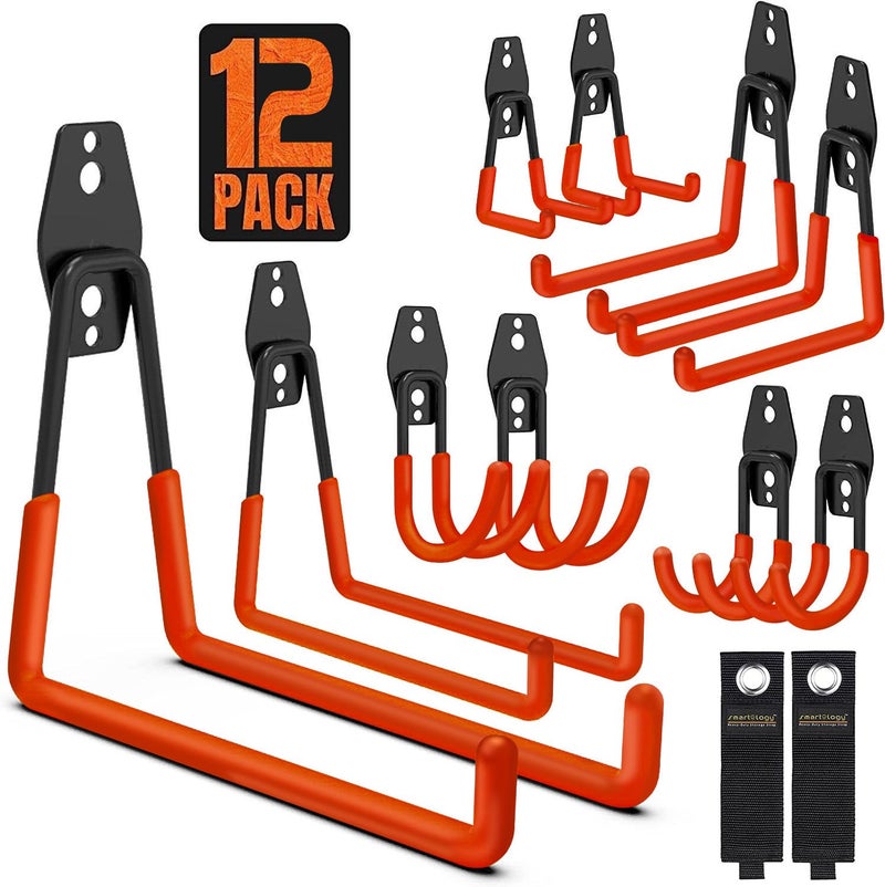 SMARTOLOGY Garage Hooks, 12 Pack Wall Storage Hanger with 2 Extension Cord Straps, Heavy Duty Tool Holder for Utilities Organization, Wall Mount Rack for Garden Lawn Tools, Ladders, Bike, Ski (Orange) - Image 1